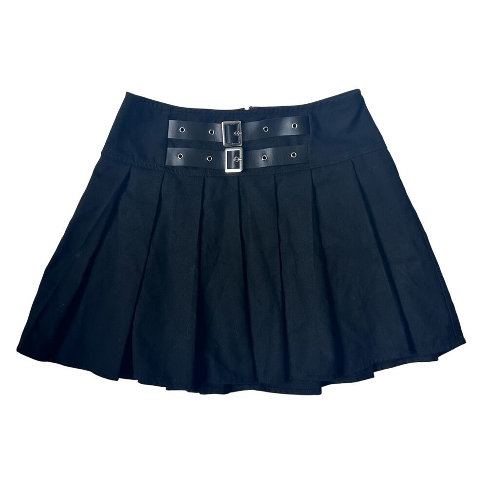 Y2K Gothic Black Pleated Mini Skirt Faux Leather Belt XS Social Collision Goth